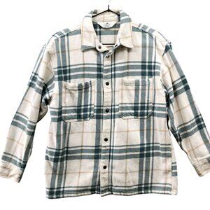 H&M Kids Size 12 Flannel Shacket Heavyweight Ivory Green Plaid Shirt Jacket‎